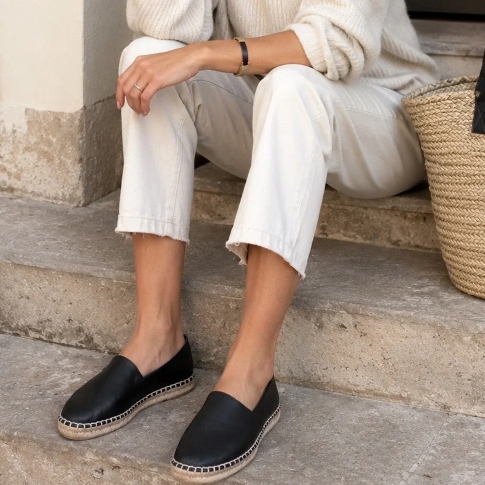 Vince Black Leather Espadrille Flats old money Slip On Shoes Sz 6‎ Made in Spain